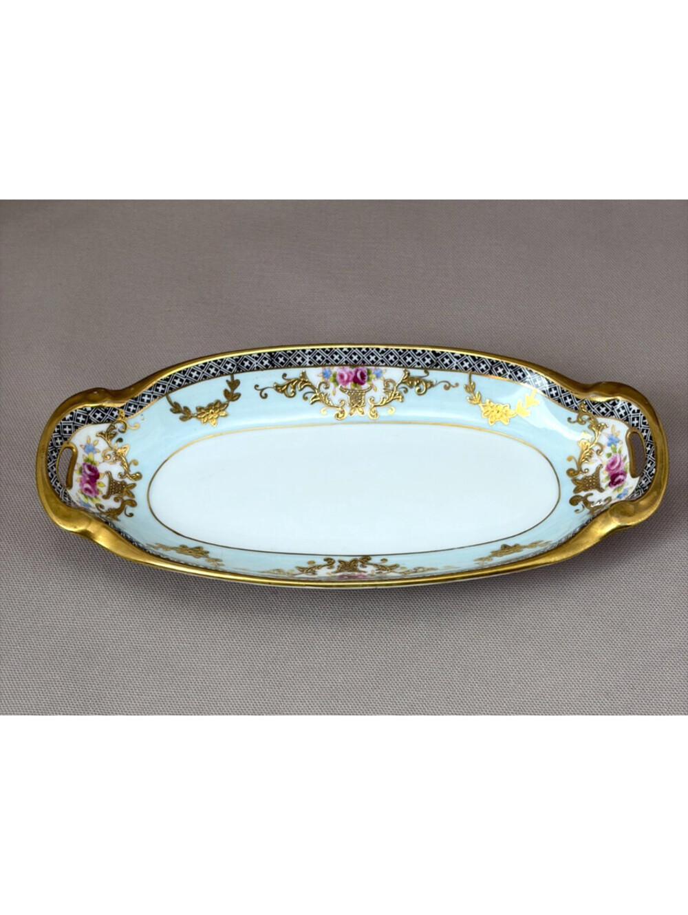 Antique Noritake Celery Dish Hand Painted Porcelain Tray Blue Gold Floral 12"